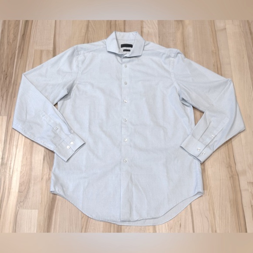 ck Calvin Klein Slim Fit Non-Iron Button Down Shirt - Gray Plaid, Size 16 34-35